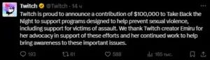 💰 Twitch перечислил $100 000 на борьбу с сексуальным насилием Платформа сделала крупное пожертвование организа